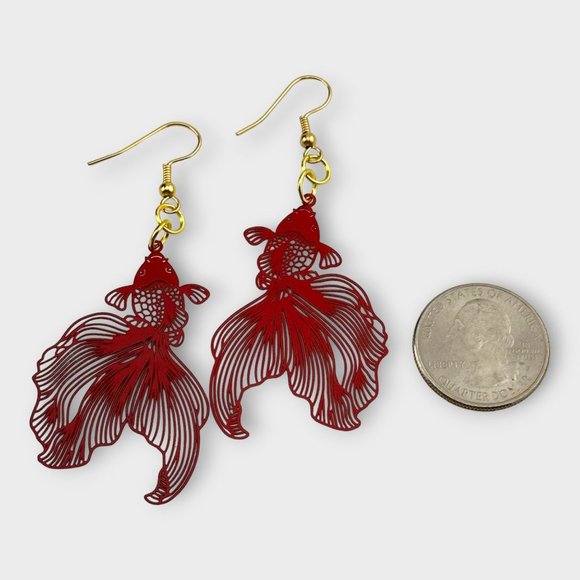 Red Koi Fish Earrings Gold Plated French Hook Ear Wires - Picture 4 of 6